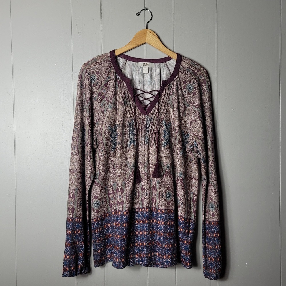 VINTAGE AMERICA BLUES MIX PURPLE PRINT PEASANT TUNIC BLOUSE WOMENS XL NWT
